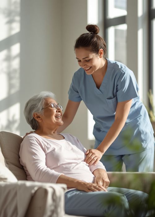 Caregiver walking alongside a senior client outdoors near their home